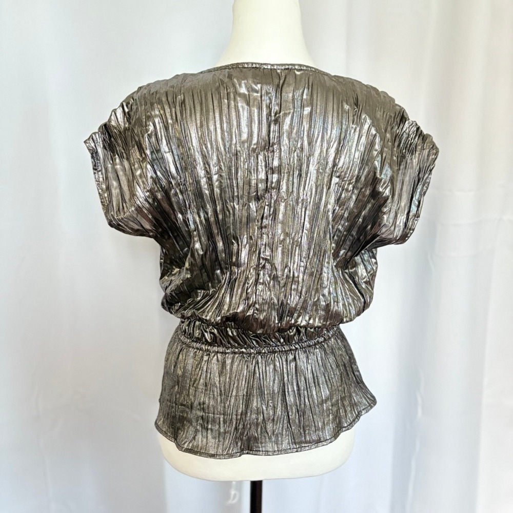 JOE'S Jeans Lea Lame Metallic Peplum Top Metallic Silver Plunge Neck Smocked S - Picture 4 of 8